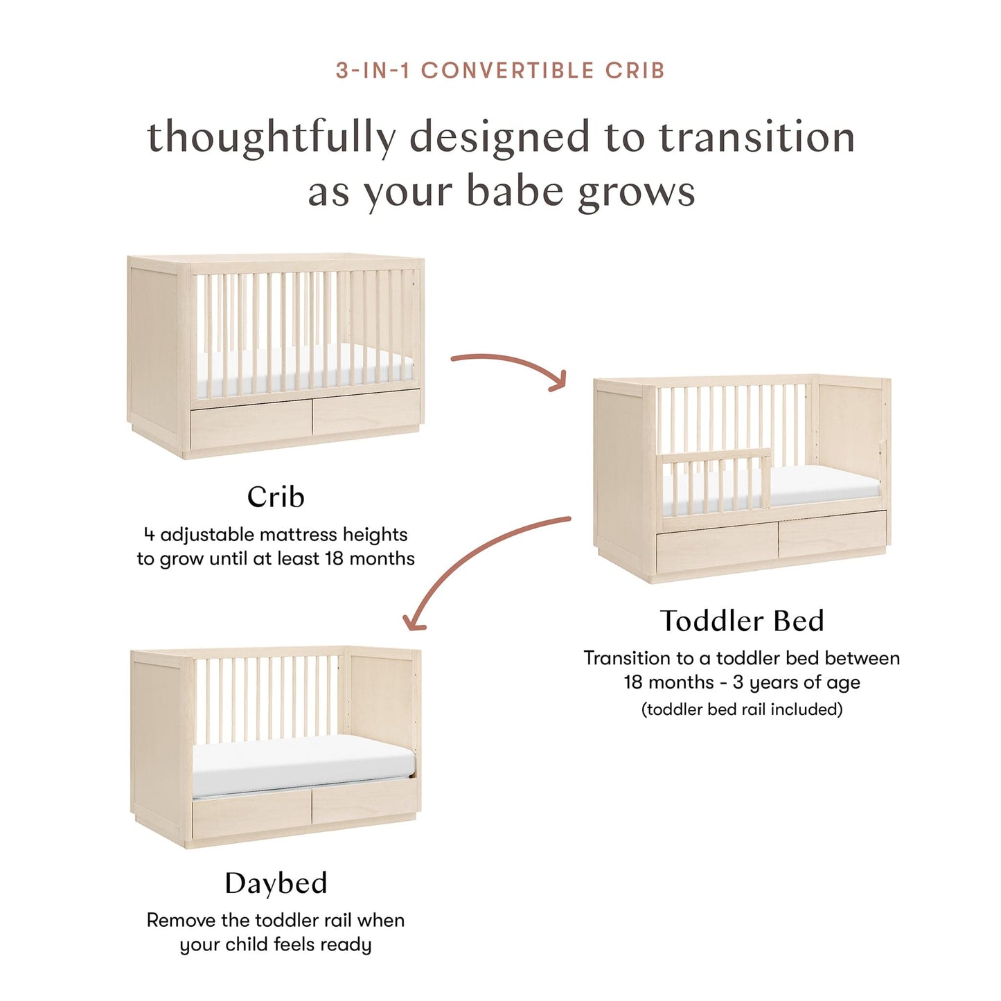 Babyletto Bento 3-in-1 Convertible Storage Crib w/Toddler Bed Conversion Kit - Washed Natural - M21601NX