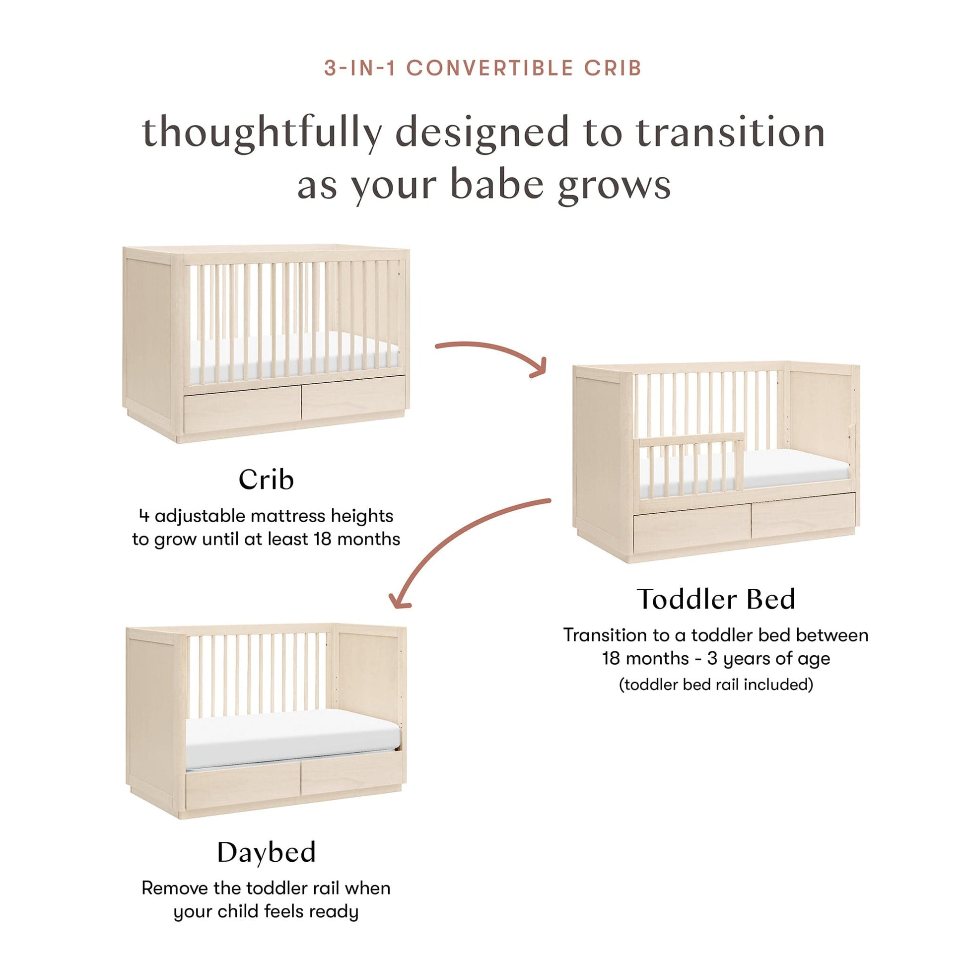 Babyletto Bento 3-in-1 Convertible Storage Crib w/Toddler Bed Conversion Kit - Washed Natural - M21601NX