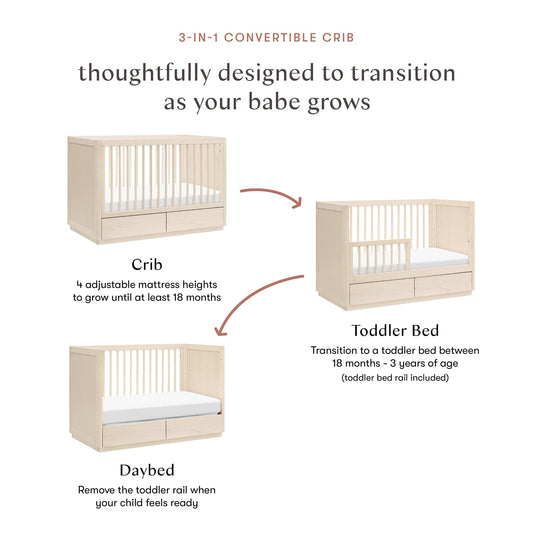 Babyletto Bento 3-in-1 Convertible Storage Crib w/Toddler Bed Conversion Kit - Washed Natural - M21601NX