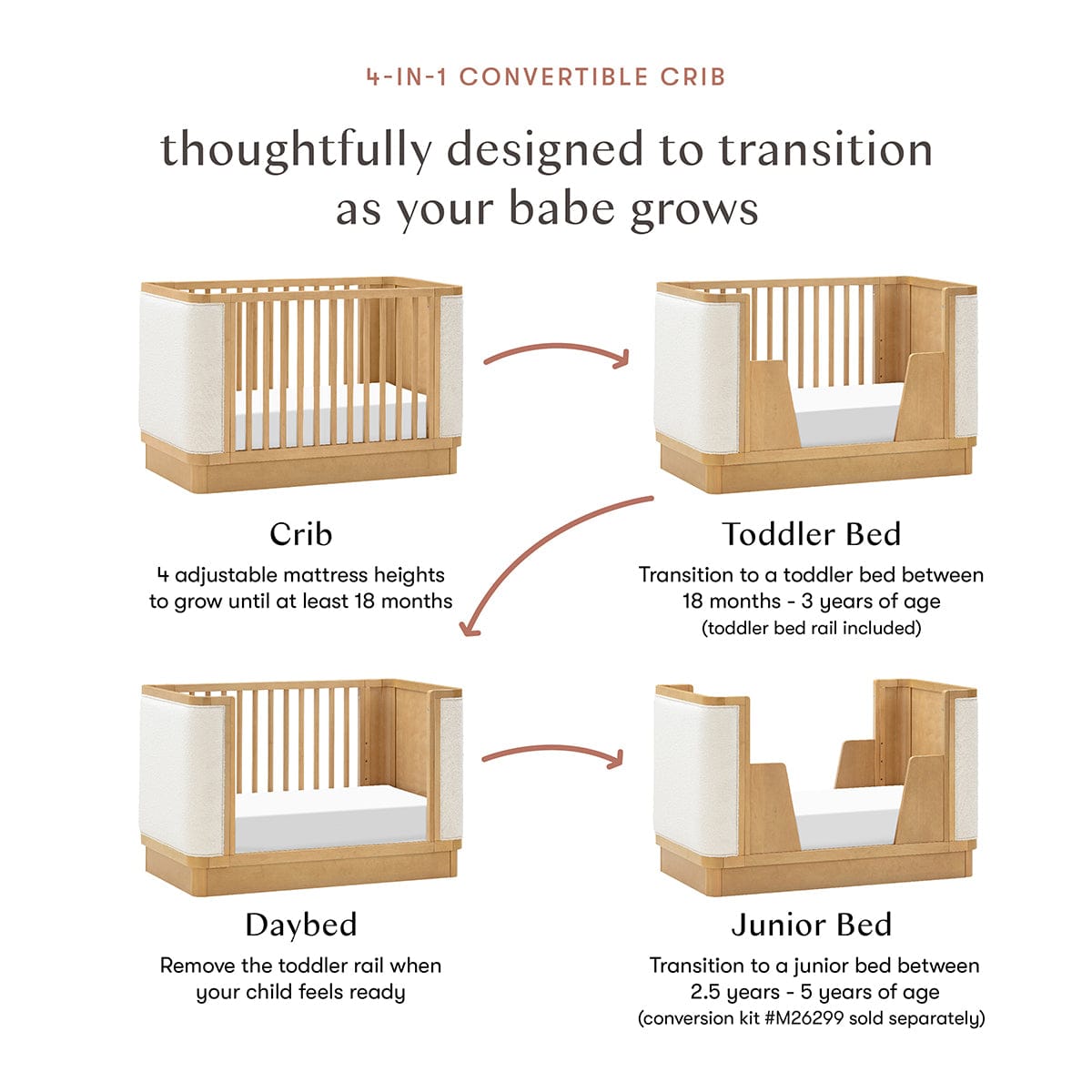 Babyletto Bondi Boucle 4-in-1 Convertible Crib w/ Toddler Bed Conversion Kit - Honey / Ivory Boucle - M26201HYWB