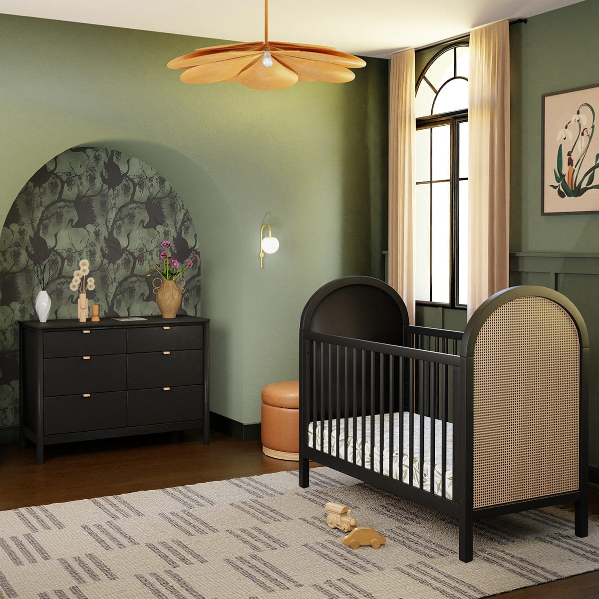 Babyletto Bondi Cane 3-in-1 Convertible Crib w/ Toddler Bed Conversion Kit - Black / Natural Cane - M25601BNC