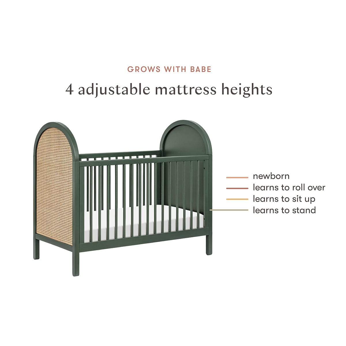 Babyletto Bondi Cane 3-in-1 Convertible Crib w/ Toddler Bed Conversion Kit - Forest Green / Natural Cane - M25601FRGRNC
