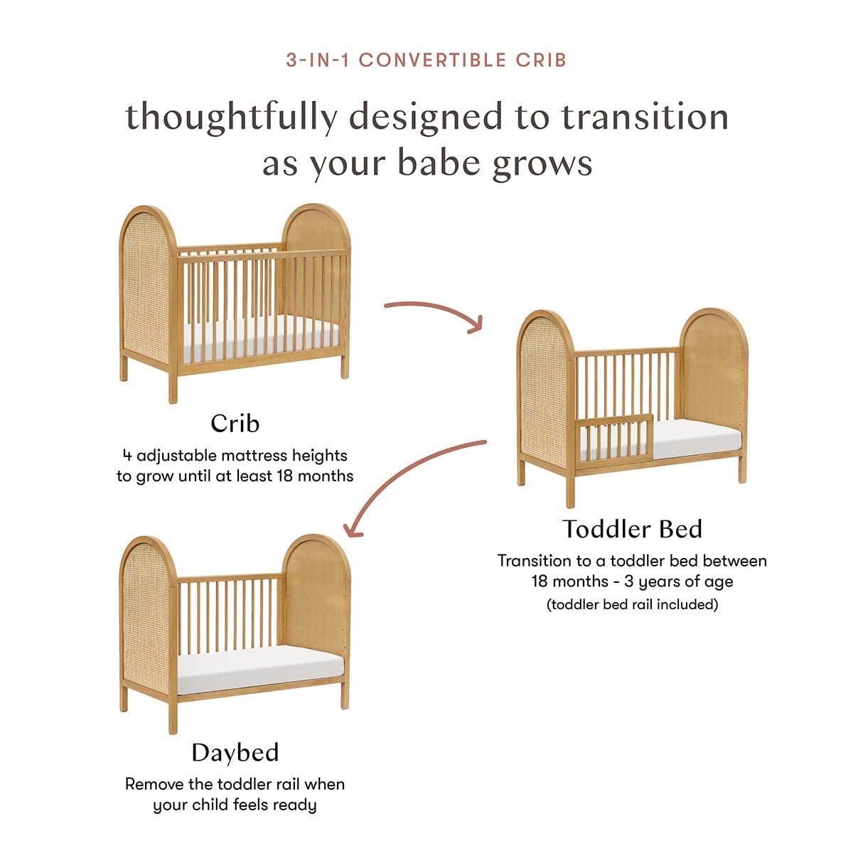 Babyletto Bondi Cane 3-in-1 Convertible Crib w/Toddler Bed Conversion Kit - Honey / Natural Cane - M25601HYNC