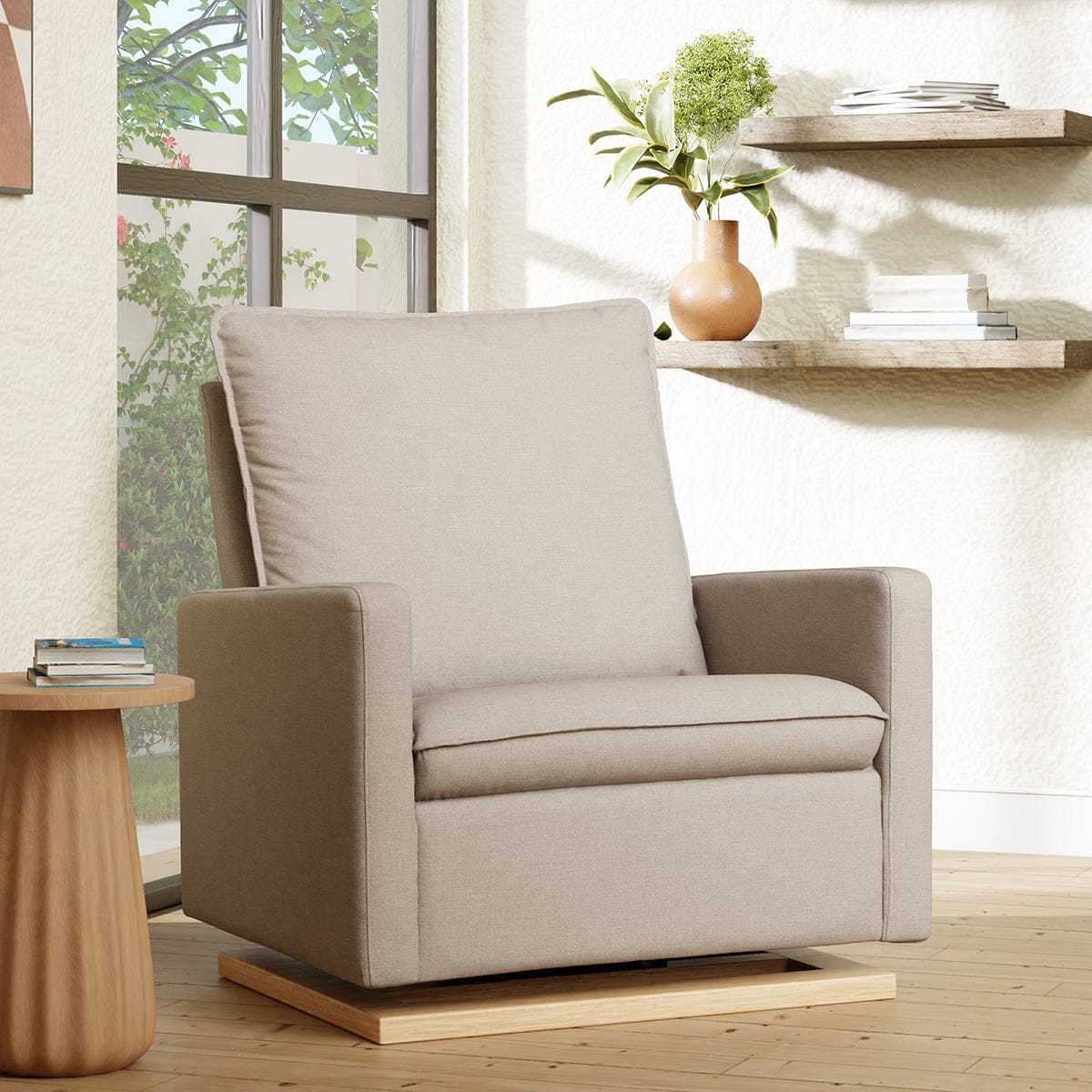 Babyletto Cali Pillowback Chair and a Half Glider - Performance Beach Eco-Weave w/ Light Wood Base - M20984PBEWLB