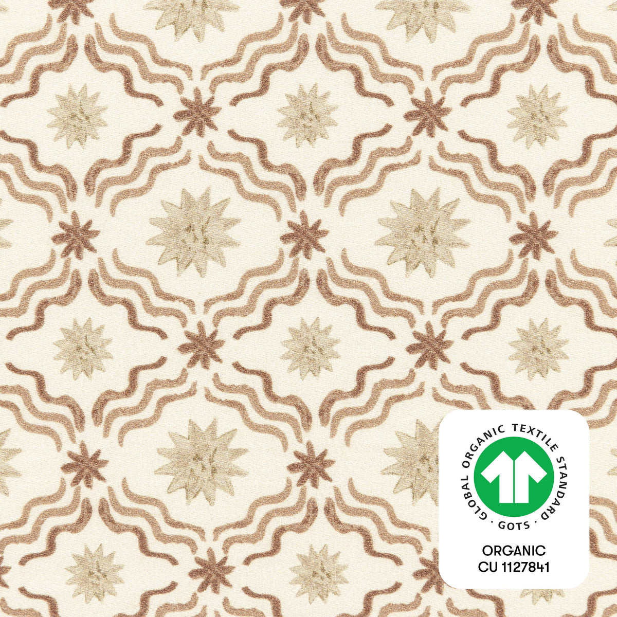 Babyletto fabric with tan and brown star and wavy line pattern and GOTS organic certification logo