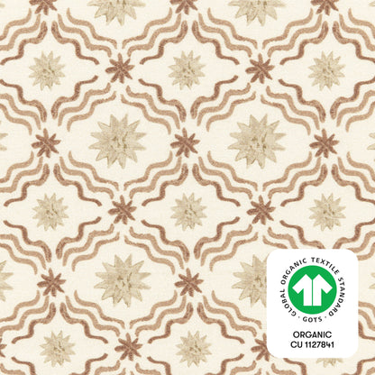 Babyletto fabric with tan and brown star and wavy line pattern and GOTS organic certification logo