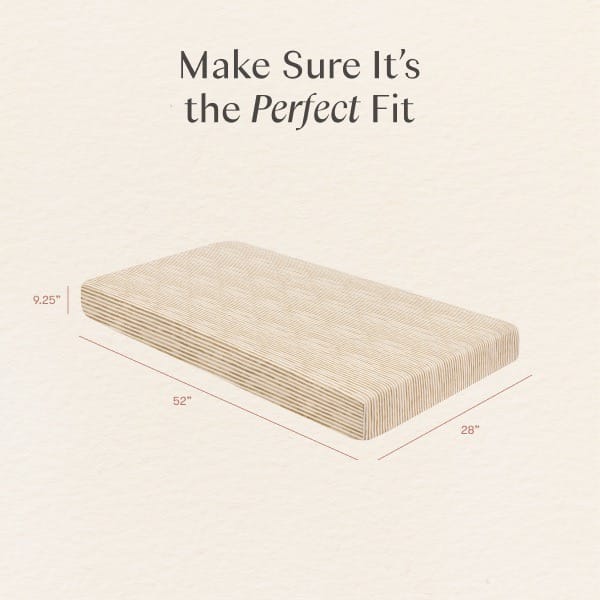 Babyletto mattress dimensions showing 52 inches length 28 inches width and 9.25 inches height