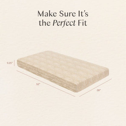 Babyletto mattress dimensions showing 52 inches length 28 inches width and 9.25 inches height