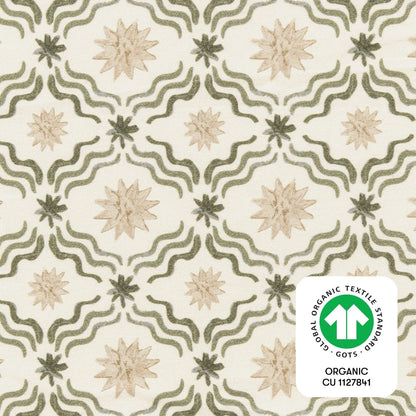 Babyletto fabric with green wavy lines and beige star patterns featuring a GOTS organic certification label