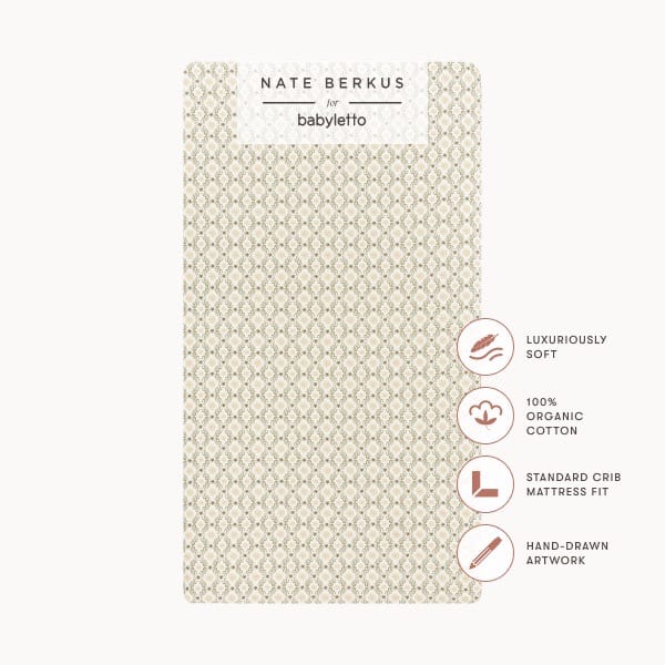 Babyletto Nate Berkus organic cotton crib sheet with geometric pattern and feature icons