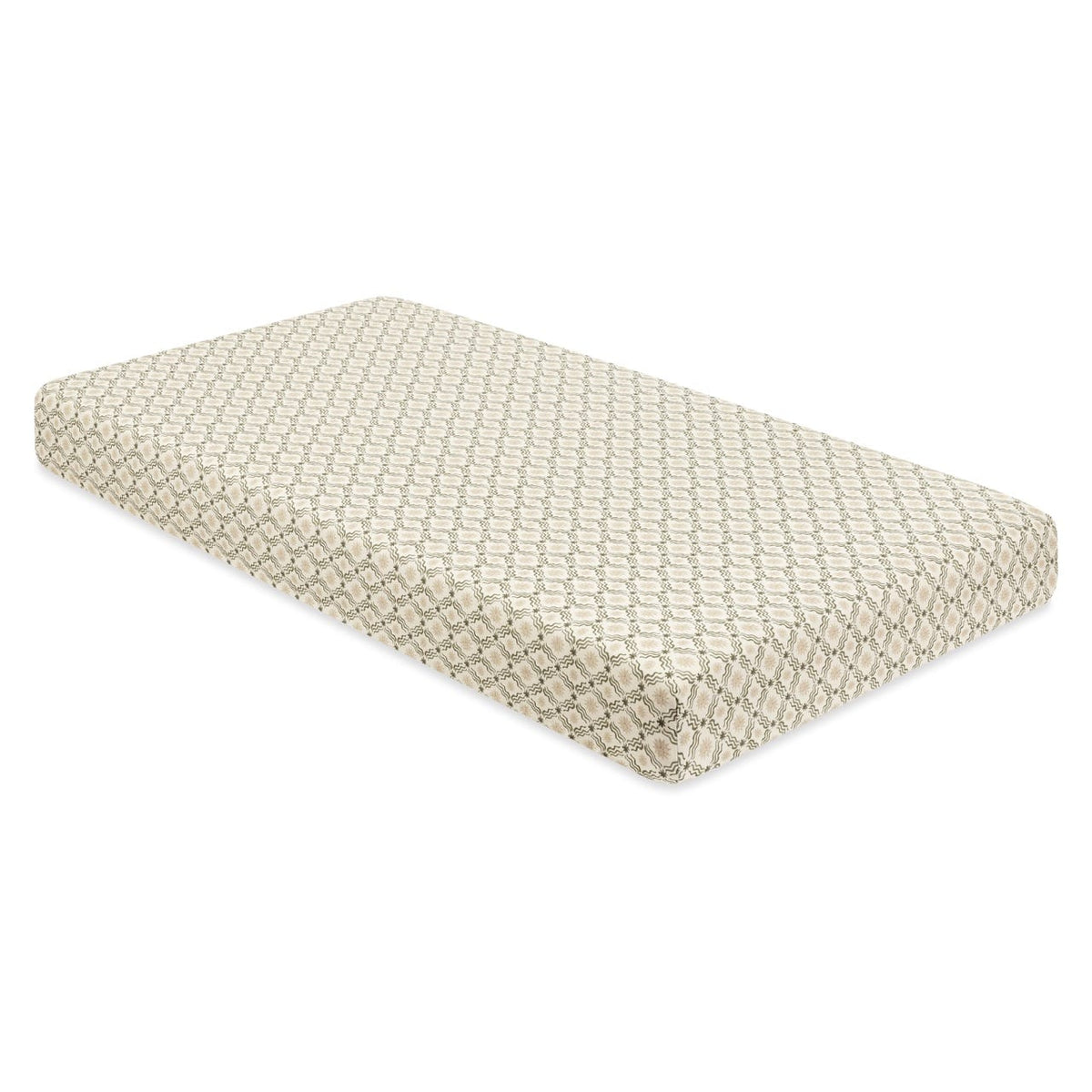 Babyletto crib mattress with a cream and olive green geometric pattern