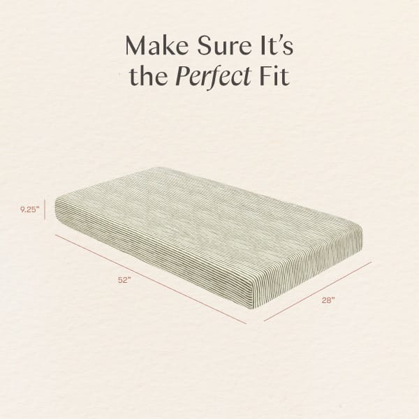 Babyletto mattress dimensions diagram showing 52 inch length 28 inch width and 9.25 inch height