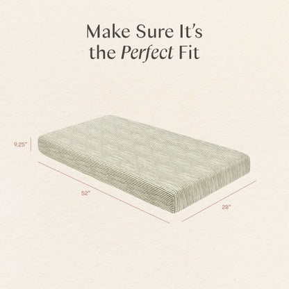 Babyletto mattress dimensions diagram showing 52 inch length 28 inch width and 9.25 inch height