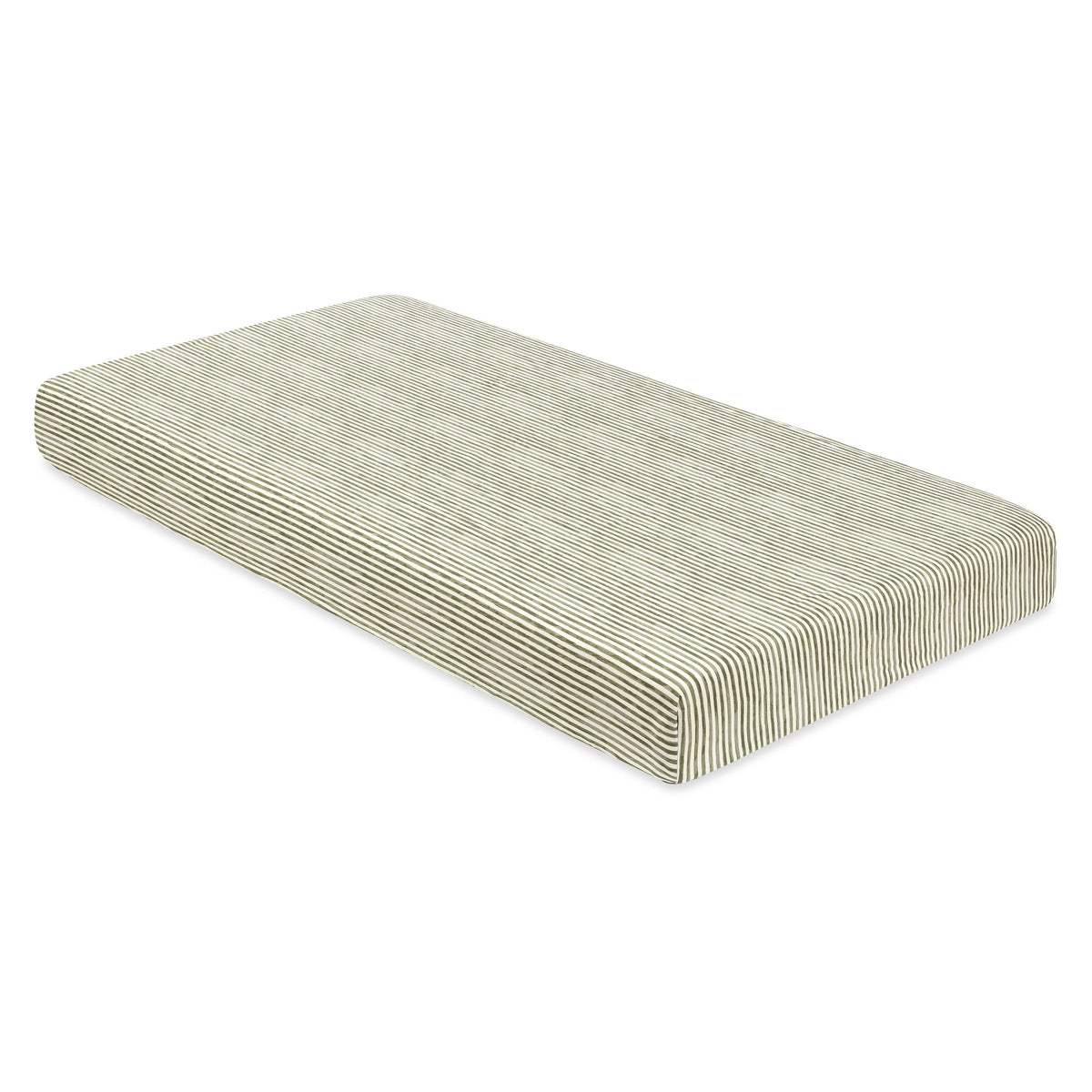 Babyletto crib sheet with thin green and white stripes