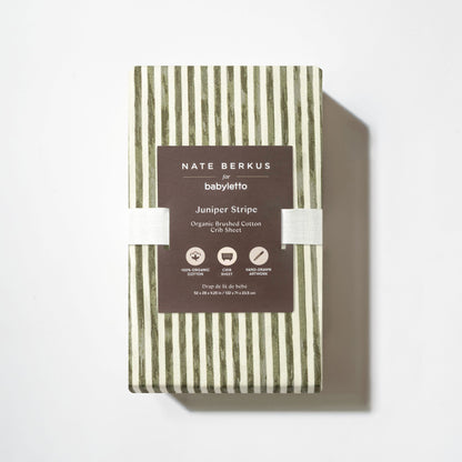 Babyletto Nate Berkus organic brushed cotton crib sheet in juniper stripe pattern