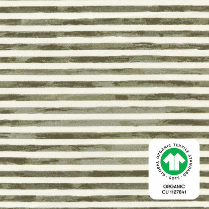 Babyletto fabric with horizontal olive green and white stripes and GOTS organic textile certification logo