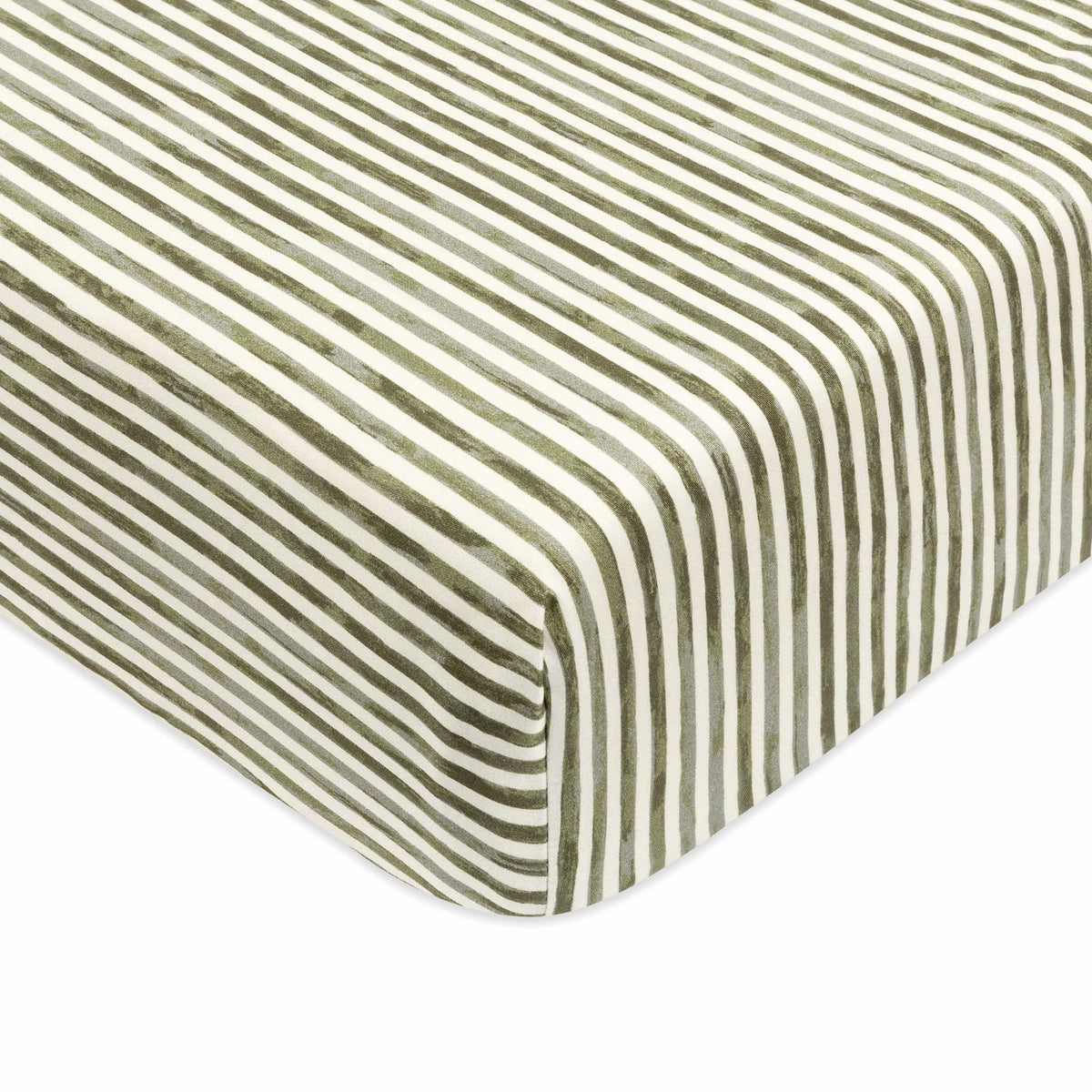 Babyletto crib sheet with olive green and white vertical stripes