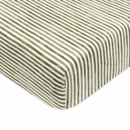 Babyletto crib sheet with olive green and white vertical stripes