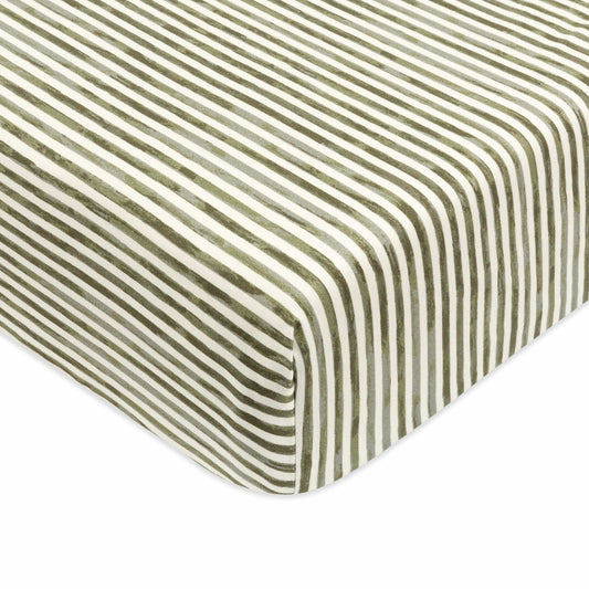 Babyletto crib sheet with olive green and white vertical stripes