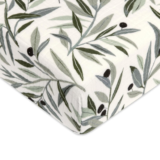 Babyletto Crib Sheet in GOTS Certified Organic Muslin Cotton-Olive Branches - T28235