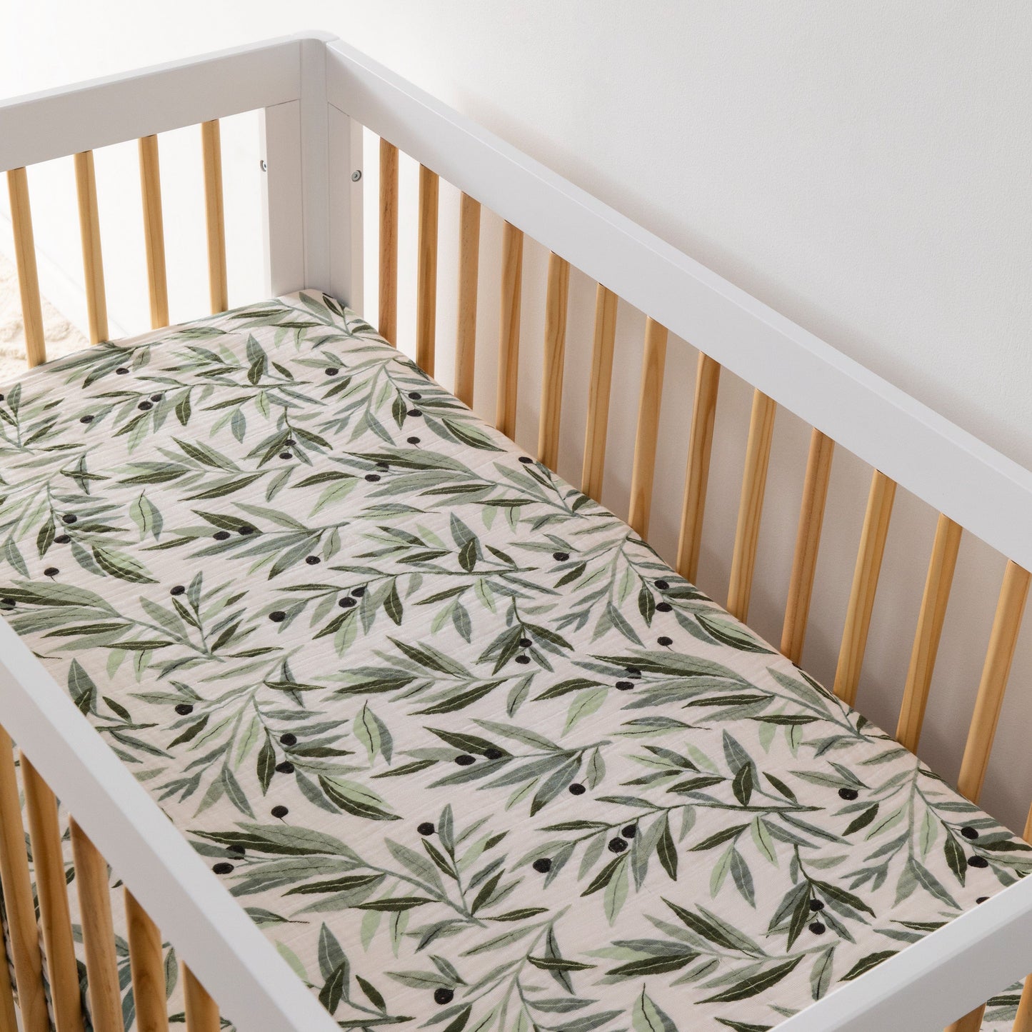 Babyletto Crib Sheet in GOTS Certified Organic Muslin Cotton-Olive Branches - T28235