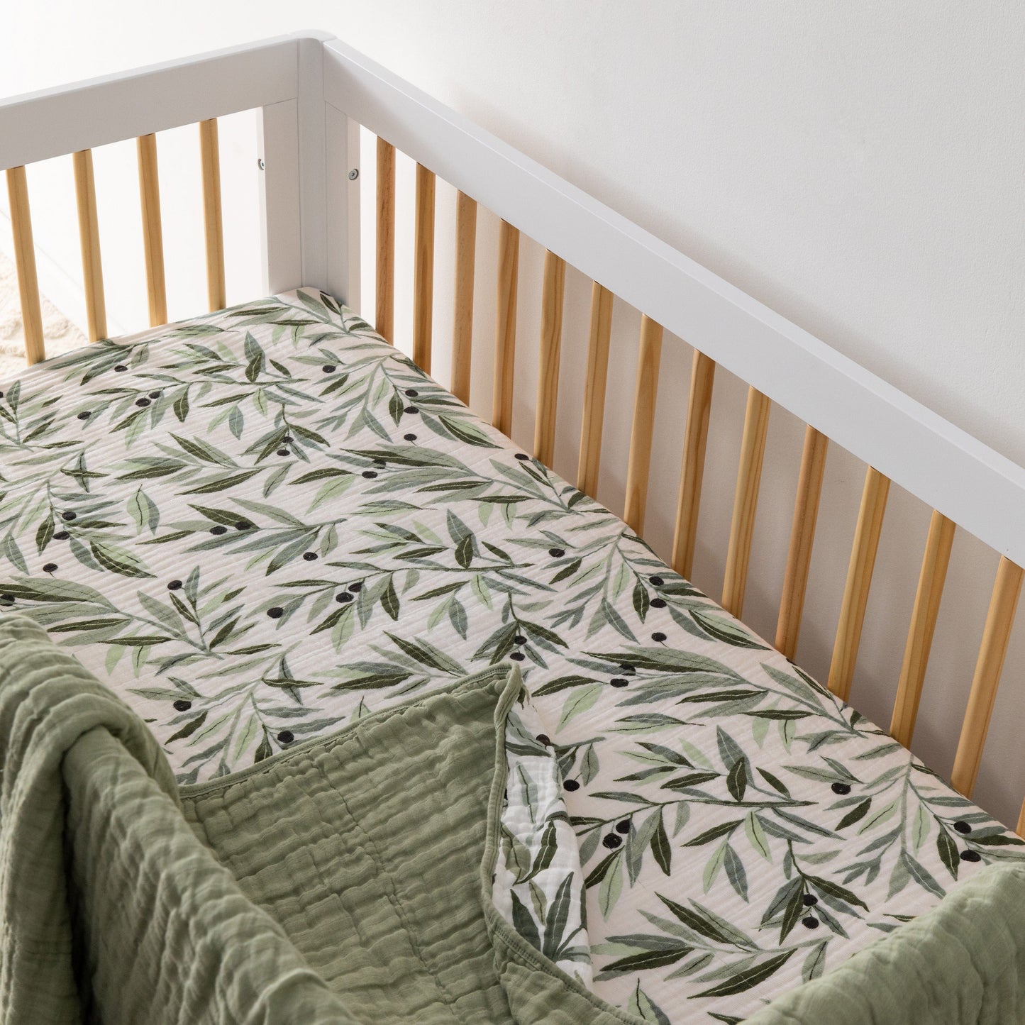 Babyletto Crib Sheet in GOTS Certified Organic Muslin Cotton-Olive Branches - T28235