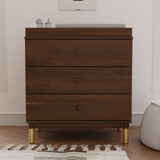 Babyletto Gelato 3-Drawer Changer Dresser + Removable Changing Tray - Natural Walnut & Gold Feet - M12923NLGLD