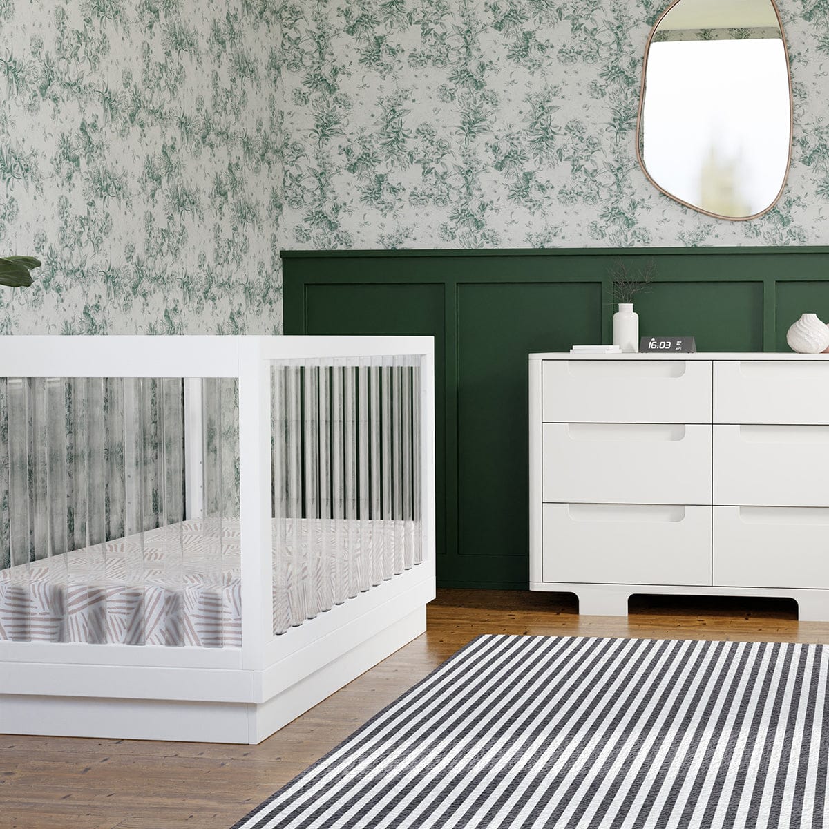 Babyletto Harlow Acrylic 3-in-1 Convertible Crib w/Toddler Bed Conversion Kit - White / Acrylic - M8601KW