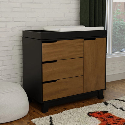 Babyletto Hudson 3-Drawer Changer Dresser, KD w/Removable Changing Tray - Black / Natural Walnut - M4223BNL