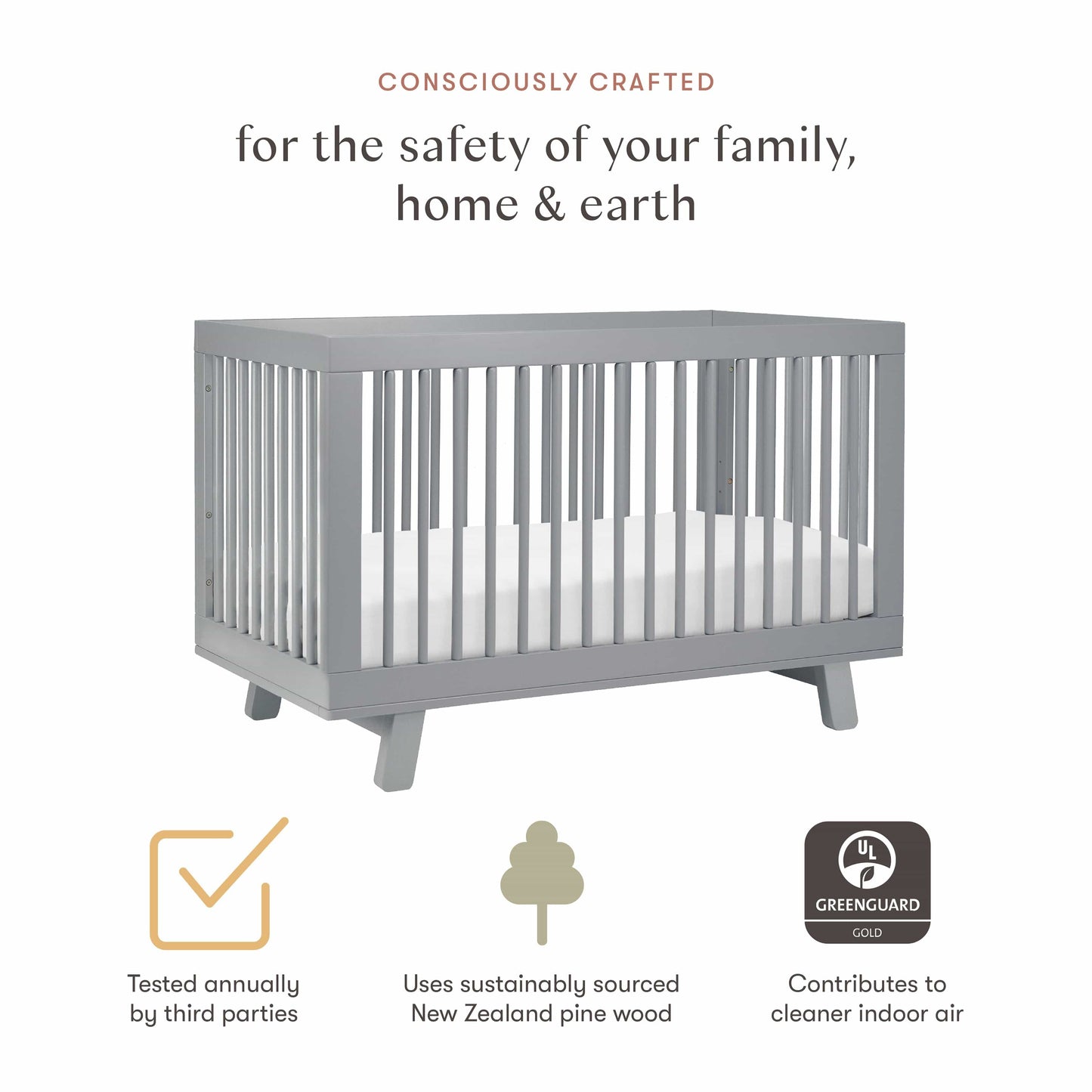 Babyletto Hudson 3-in-1 Convertible Crib with Toddler Bed Conversion Kit - Grey - M4201G