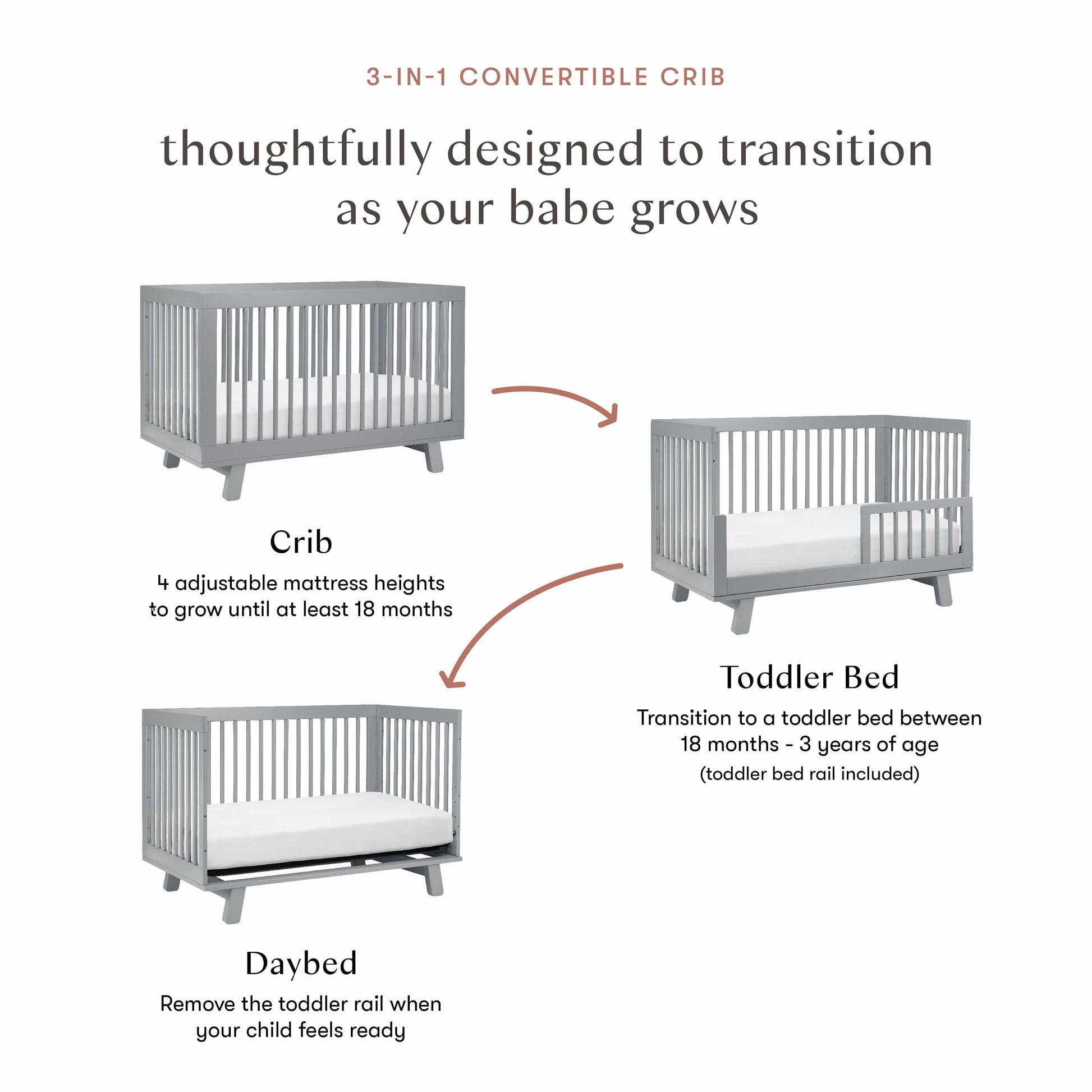 Babyletto Hudson 3-in-1 Convertible Crib with Toddler Bed Conversion Kit - Grey - M4201G