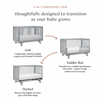 Babyletto Hudson 3-in-1 Convertible Crib with Toddler Bed Conversion Kit - Grey - M4201G