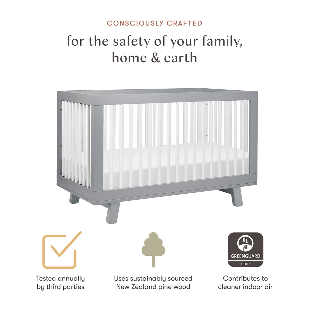 Babyletto Hudson 3-in-1 Convertible Crib with Toddler Bed Conversion Kit - Grey/White - M4201GW