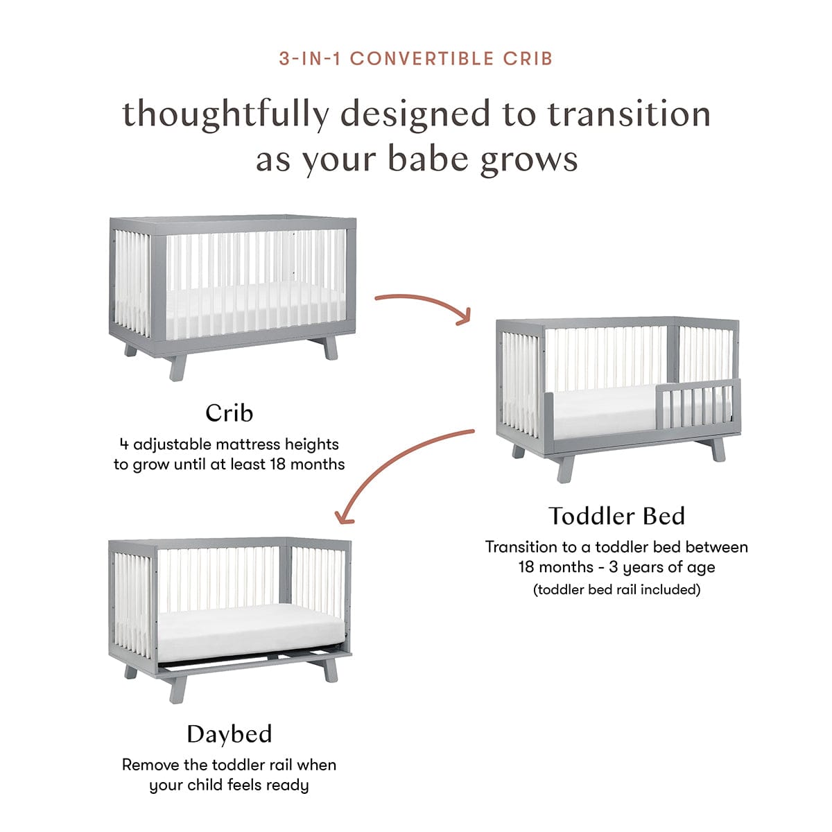 Babyletto Hudson 3-in-1 Convertible Crib with Toddler Bed Conversion Kit - Grey/White - M4201GW