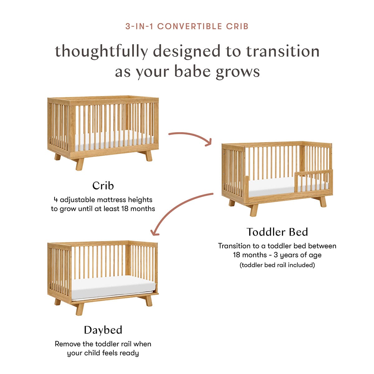 Babyletto Hudson 3-in-1 Convertible Crib with Toddler Bed Conversion Kit - Honey - M4201HY