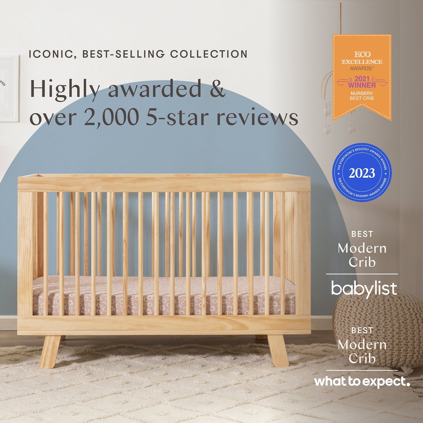 Babyletto Hudson 3-in-1 Convertible Crib with Toddler Bed Conversion Kit - Natural - M4201N