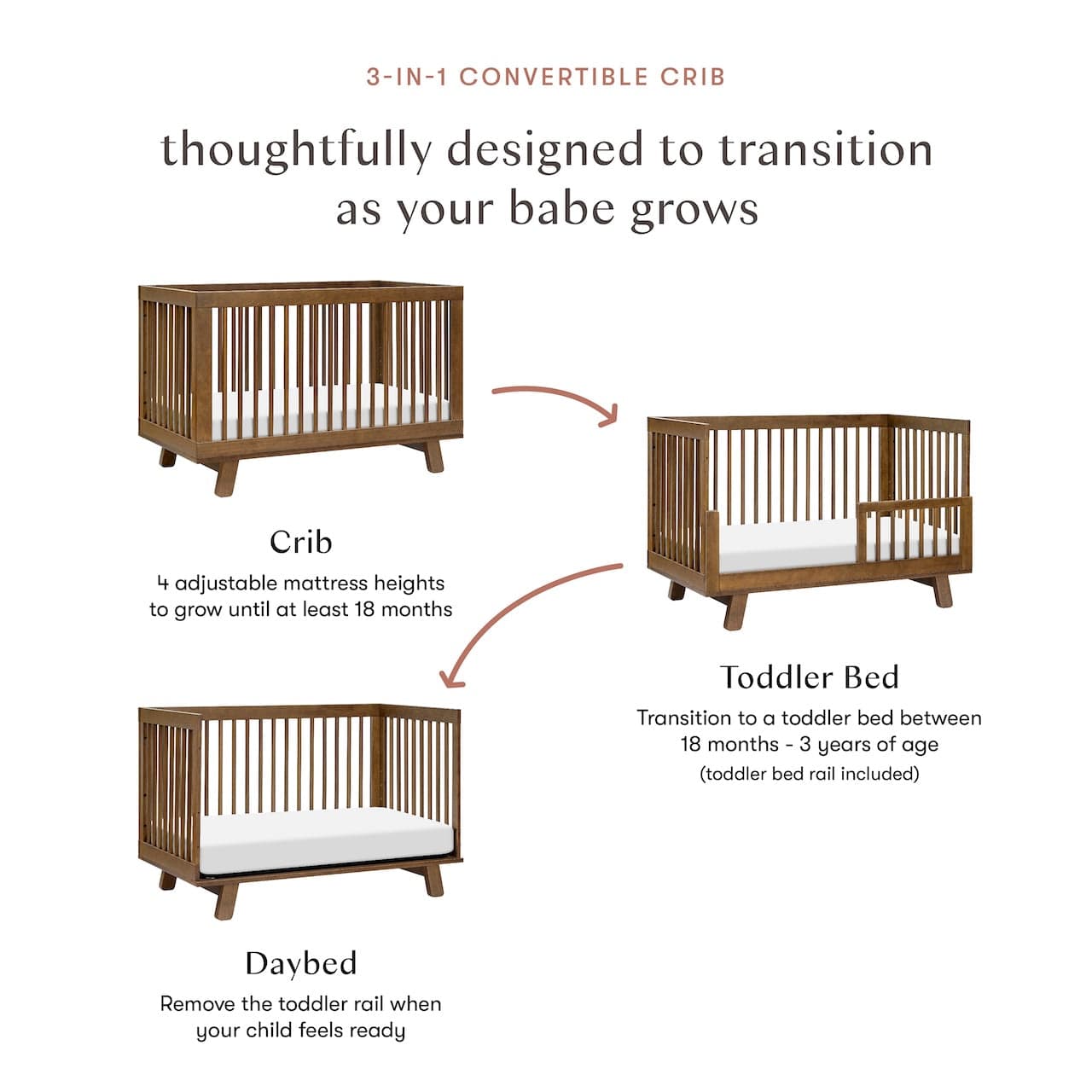 Babyletto Hudson 3-in-1 Convertible Crib with Toddler Bed Conversion Kit - Natural Walnut - M4201NL