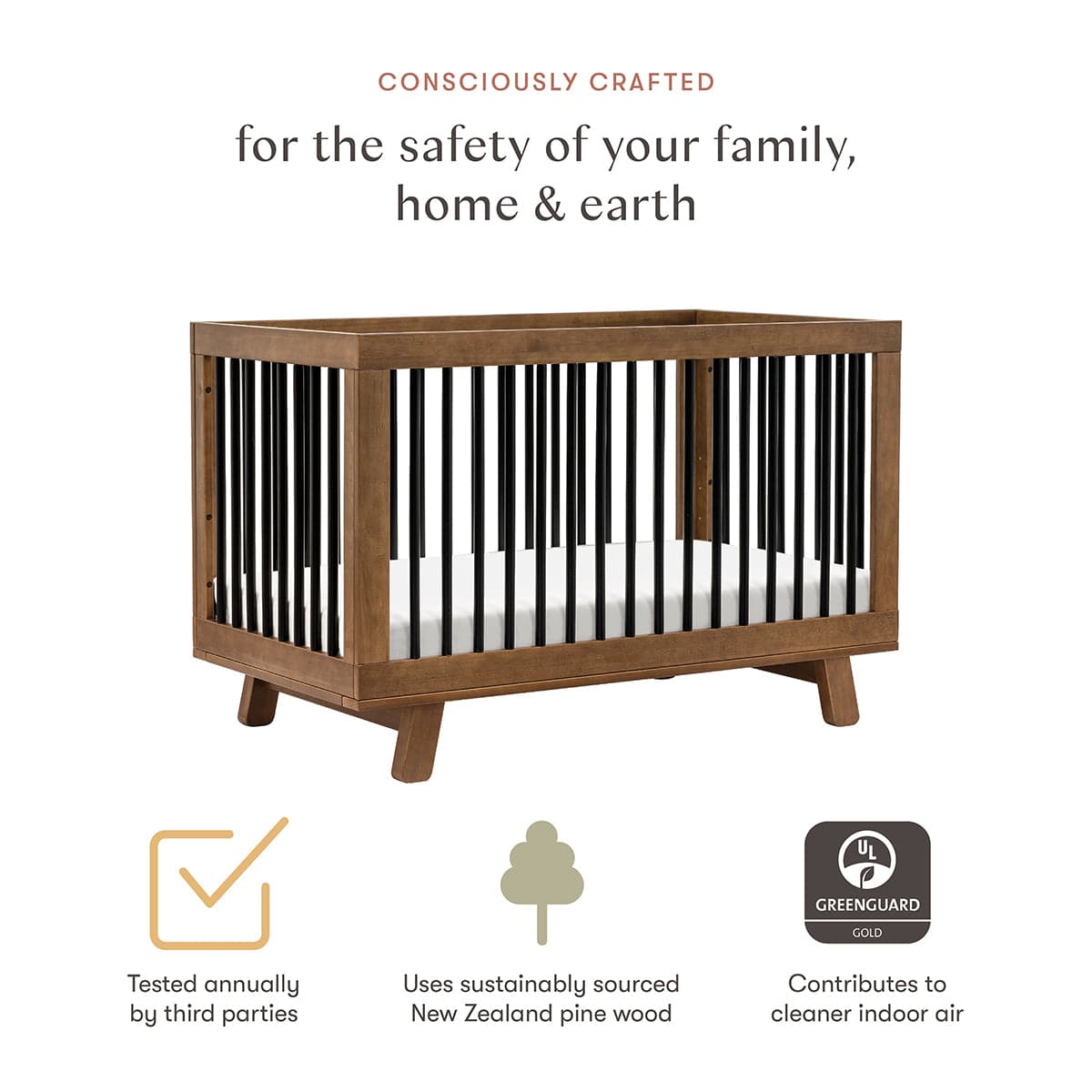 Babyletto Hudson 3-in-1 Convertible Crib with Toddler Bed Conversion Kit - Natural Walnut / Black - M4201NLB