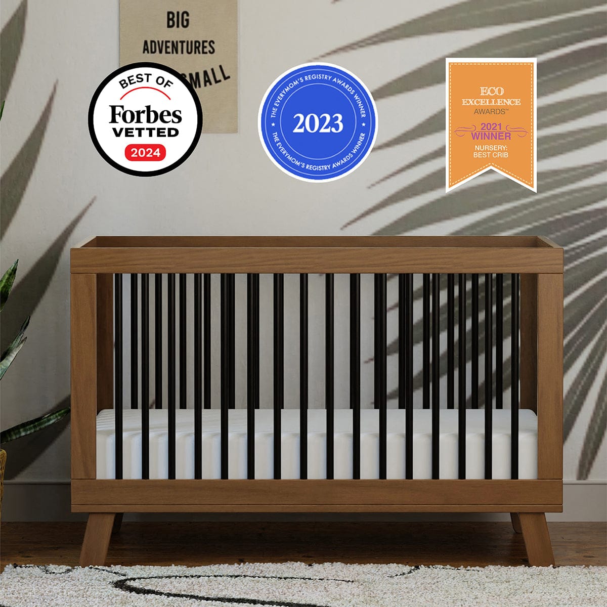 Babyletto Hudson 3-in-1 Convertible Crib with Toddler Bed Conversion Kit - Natural Walnut / Black - M4201NLB
