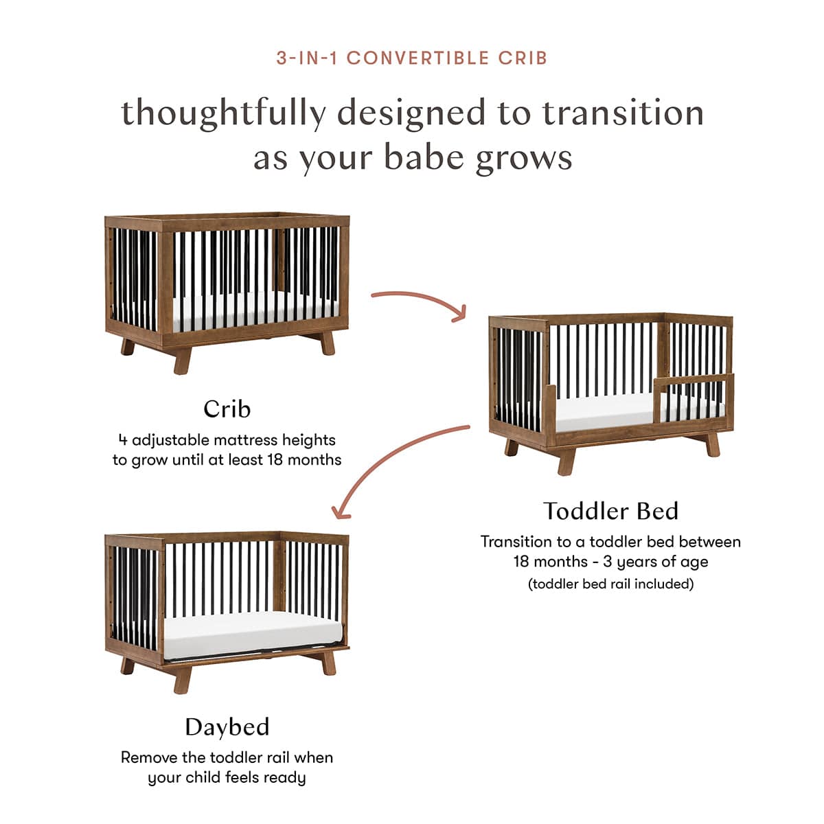 Babyletto Hudson 3-in-1 Convertible Crib with Toddler Bed Conversion Kit - Natural Walnut / Black - M4201NLB