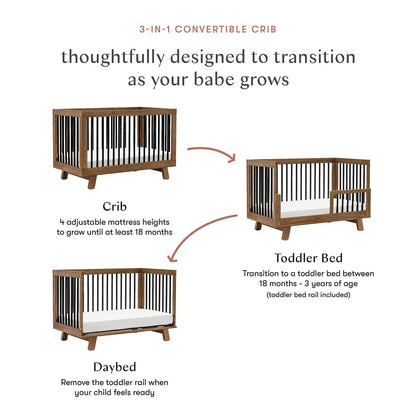 Babyletto Hudson 3-in-1 Convertible Crib with Toddler Bed Conversion Kit - Natural Walnut / Black - M4201NLB