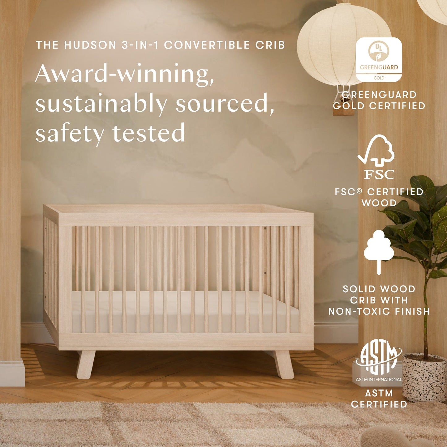 Babyletto Hudson 3-in-1 Convertible Crib with Toddler Bed Conversion Kit - Washed Natural - M4201NX