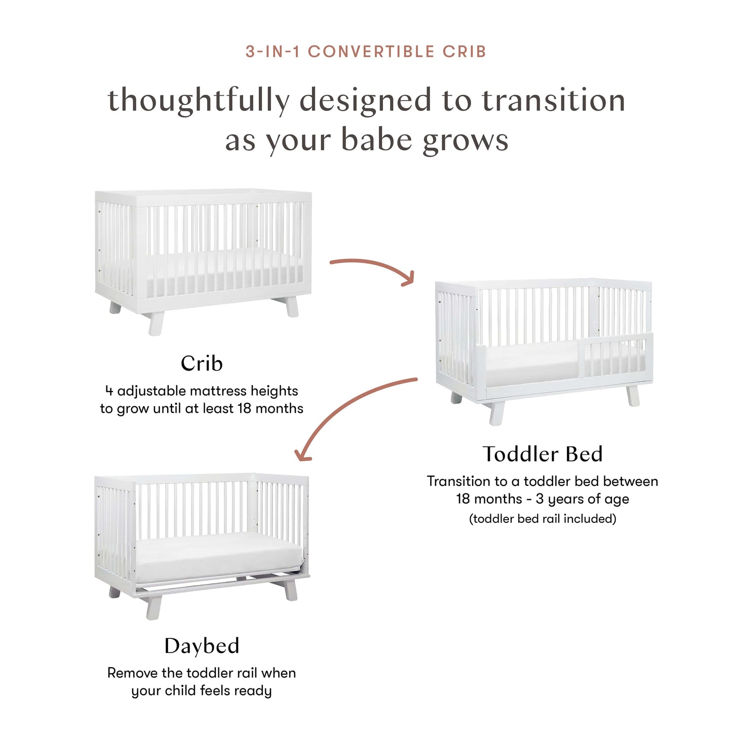 Babyletto Hudson 3-in-1 Convertible Crib with Toddler Bed Conversion Kit - White - M4201W