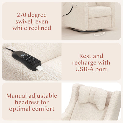 Babyletto Kiwi Deluxe Power Recliner and Swivel Glider with Heat and Massage - Almond Teddy Loop - M11283AT