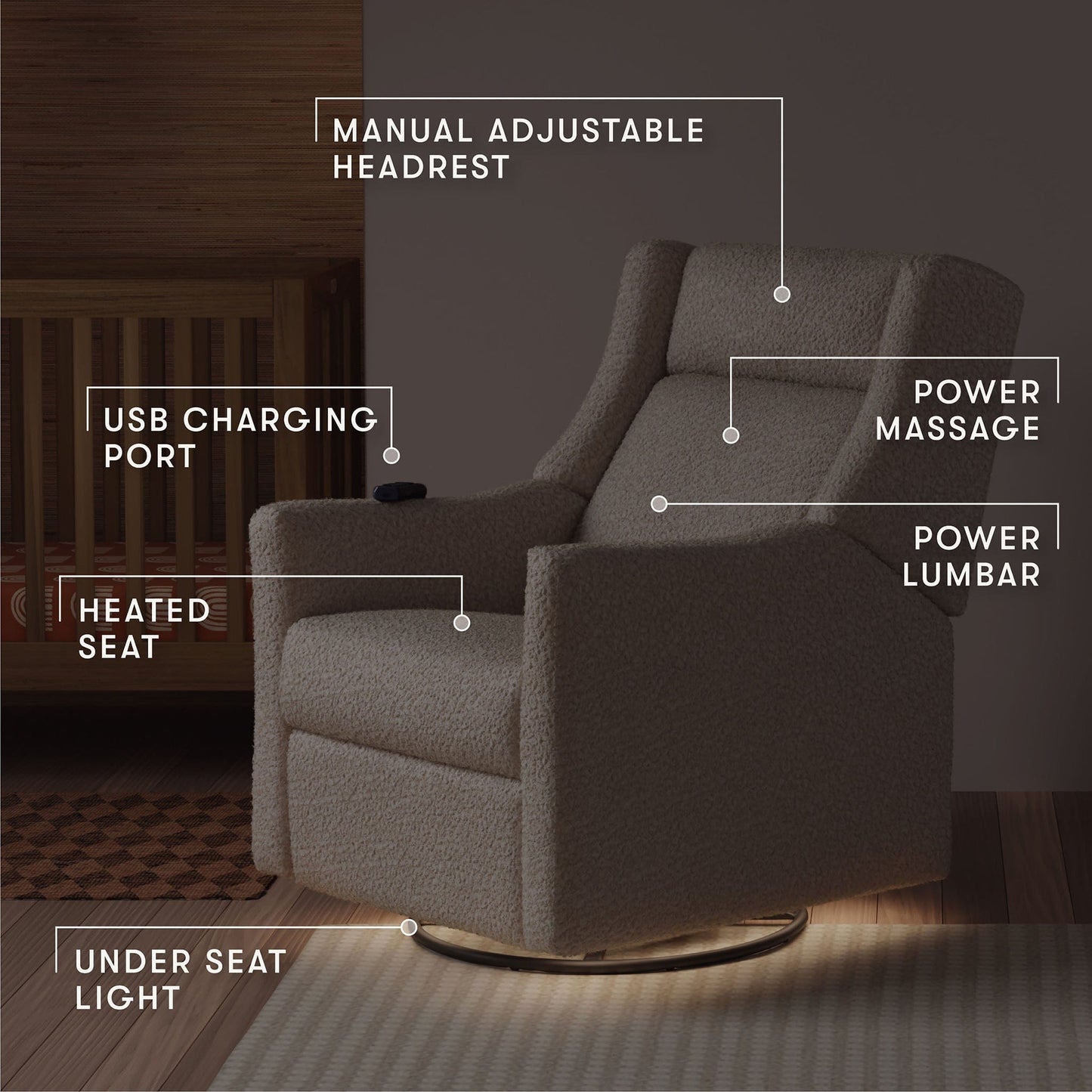 Babyletto Kiwi Deluxe Power Recliner and Swivel Glider with Heat and Massage - Almond Teddy Loop - M11283AT