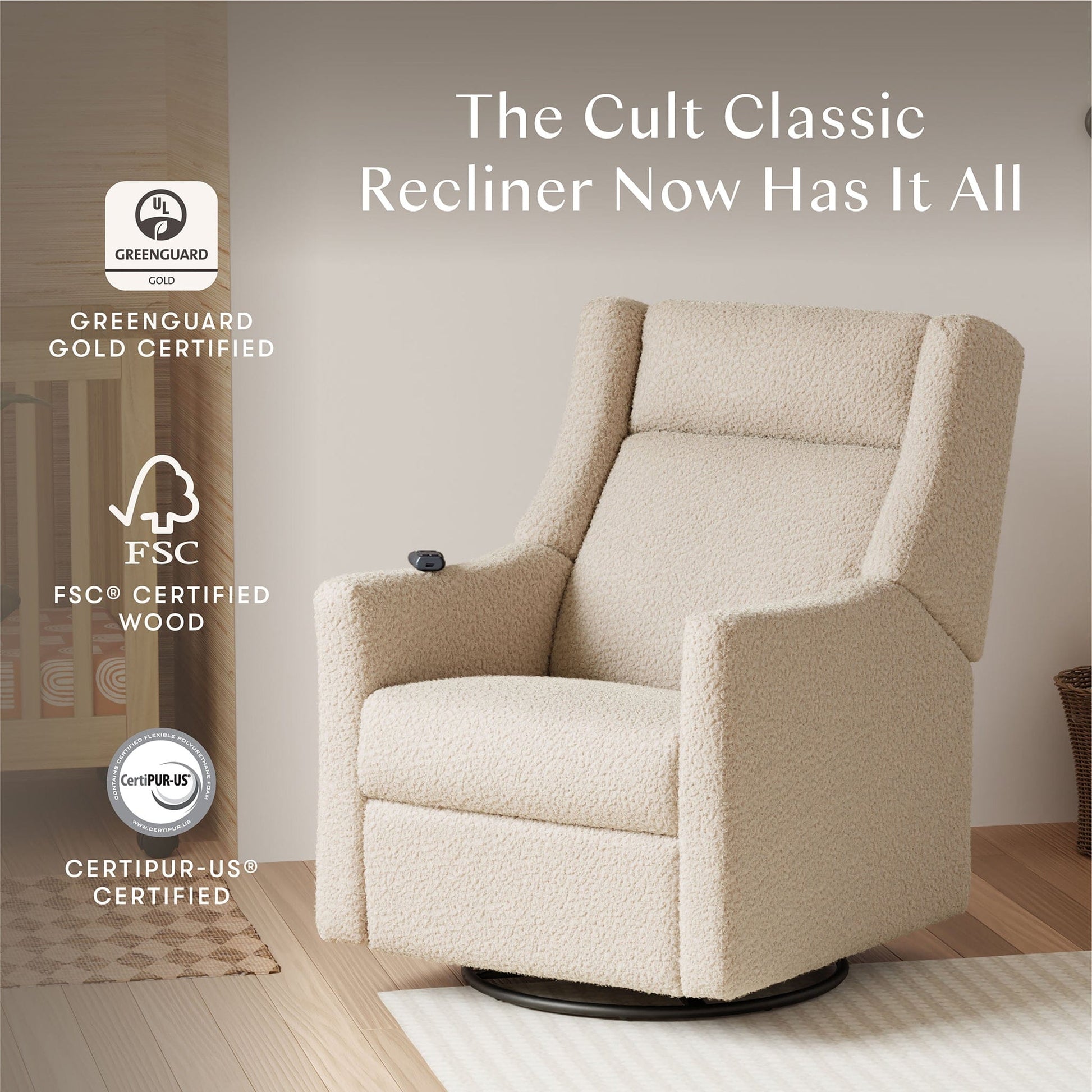Babyletto Kiwi Deluxe Power Recliner and Swivel Glider with Heat and Massage - Almond Teddy Loop - M11283AT