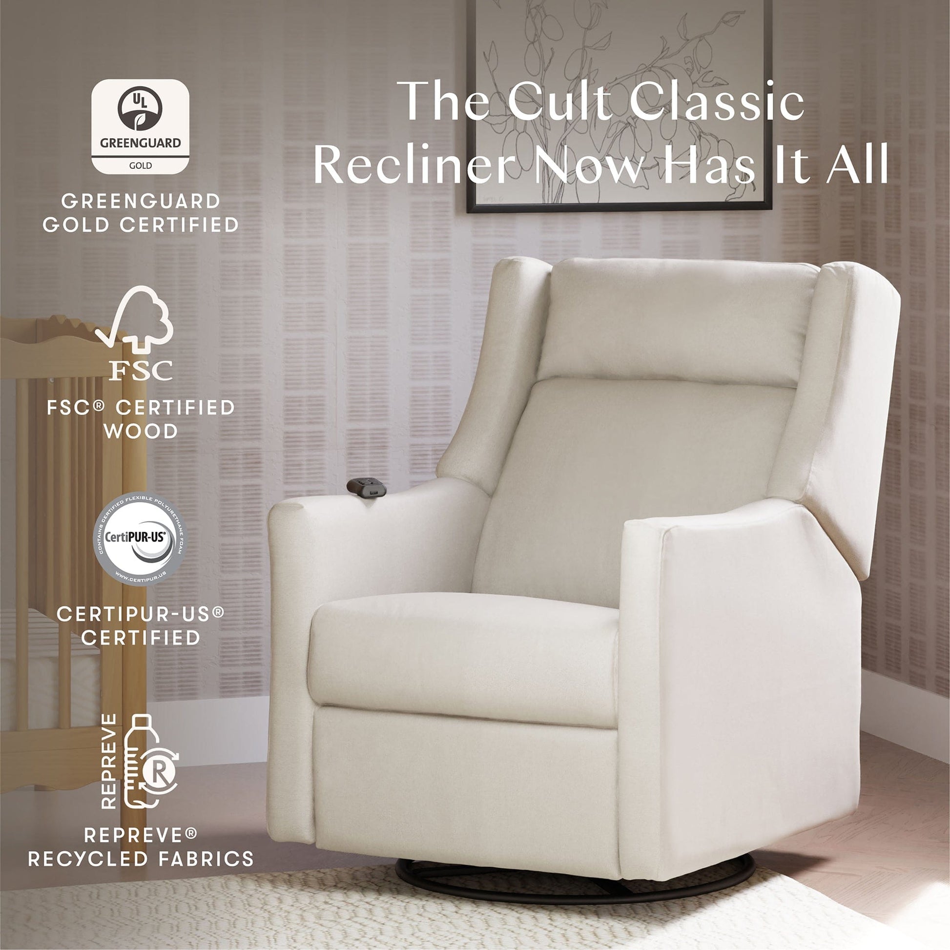 Babyletto Kiwi Deluxe Power Recliner and Swivel Glider with Heat and Massage - Performance Cream Eco-Weave - M11283PCMEW