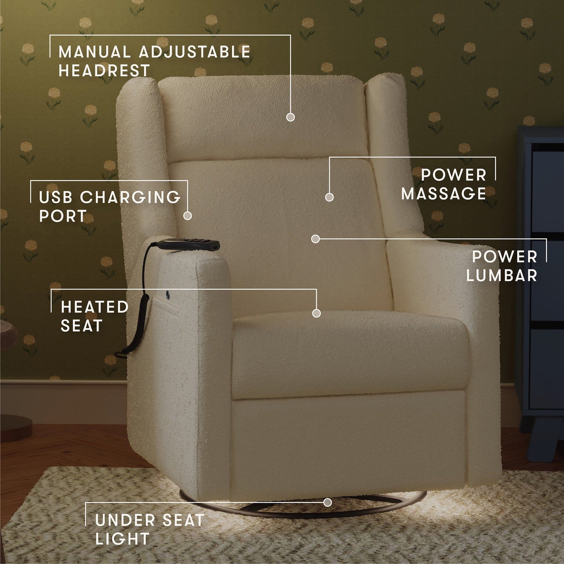 Babyletto Kiwi Deluxe Power Recliner and Swivel Glider with Heat and Massage - Performance Ivory Boucle - M11283PWB