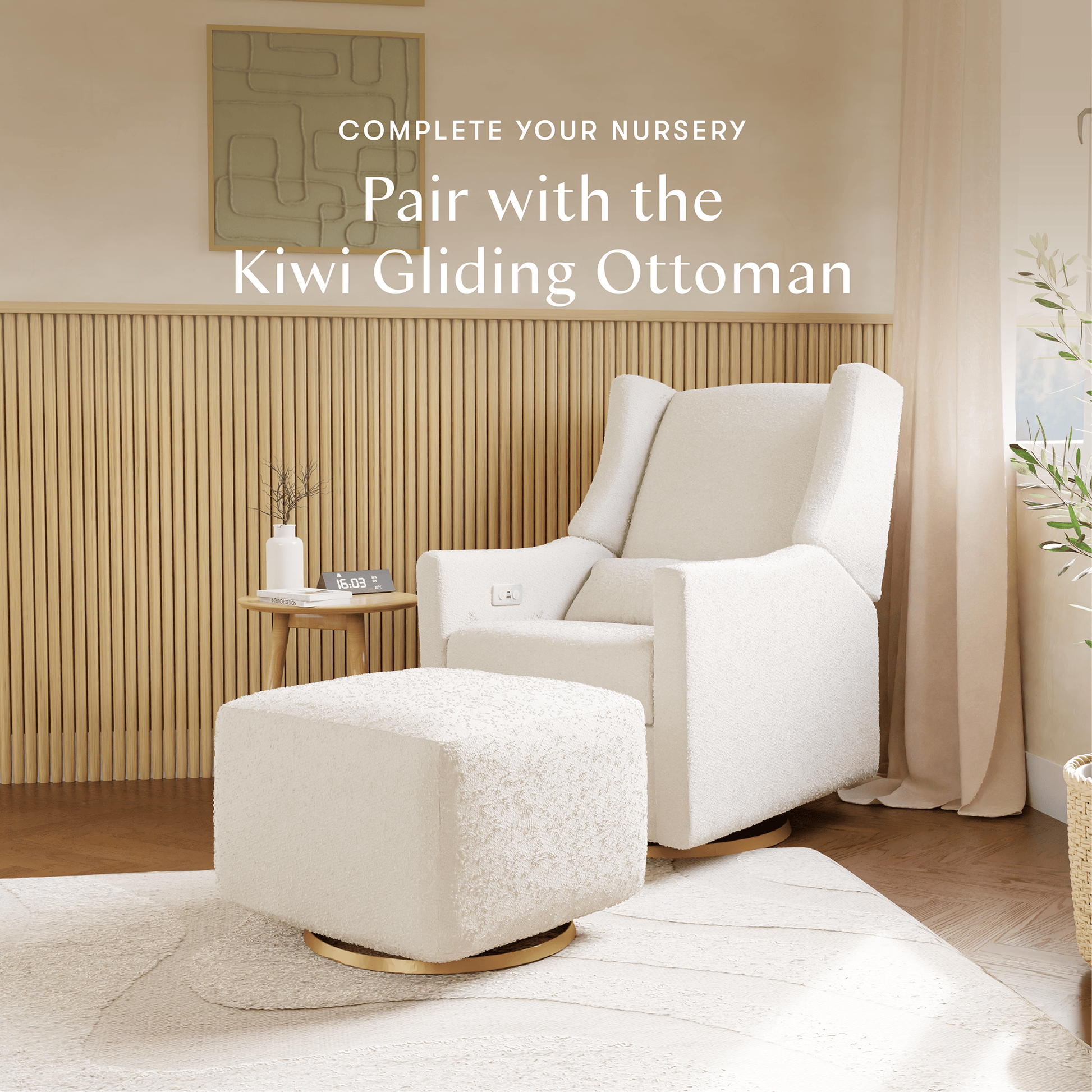 Babyletto Kiwi Electronic Glider Recliner w/ USB - Ivory Boucle w/ Gold Base - M11288WBG