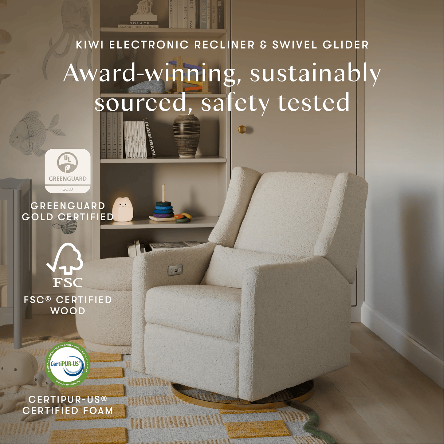 Babyletto Kiwi Electronic Glider Recliner w/ USB - Ivory Boucle w/ Gold Base - M11288WBG